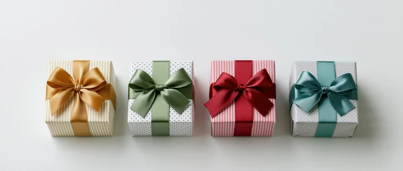 Four wrapped gift boxes in a row on a white surface