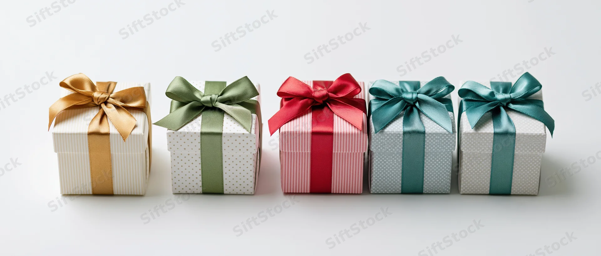 Five wrapped gift boxes in a row with colorful ribbons on white background