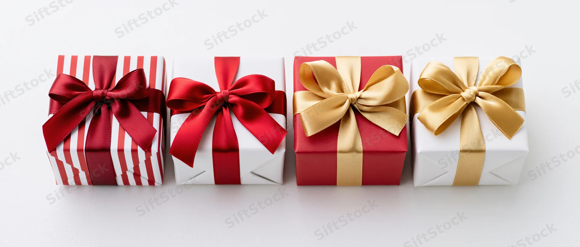 Four wrapped gift boxes in a row on a white surface
