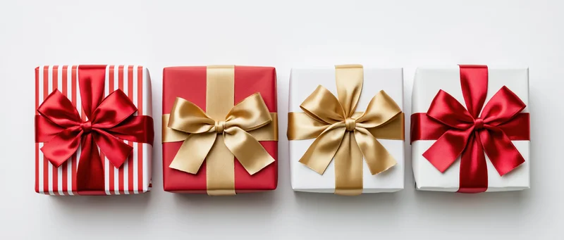 Four wrapped gift boxes in a row on a white surface