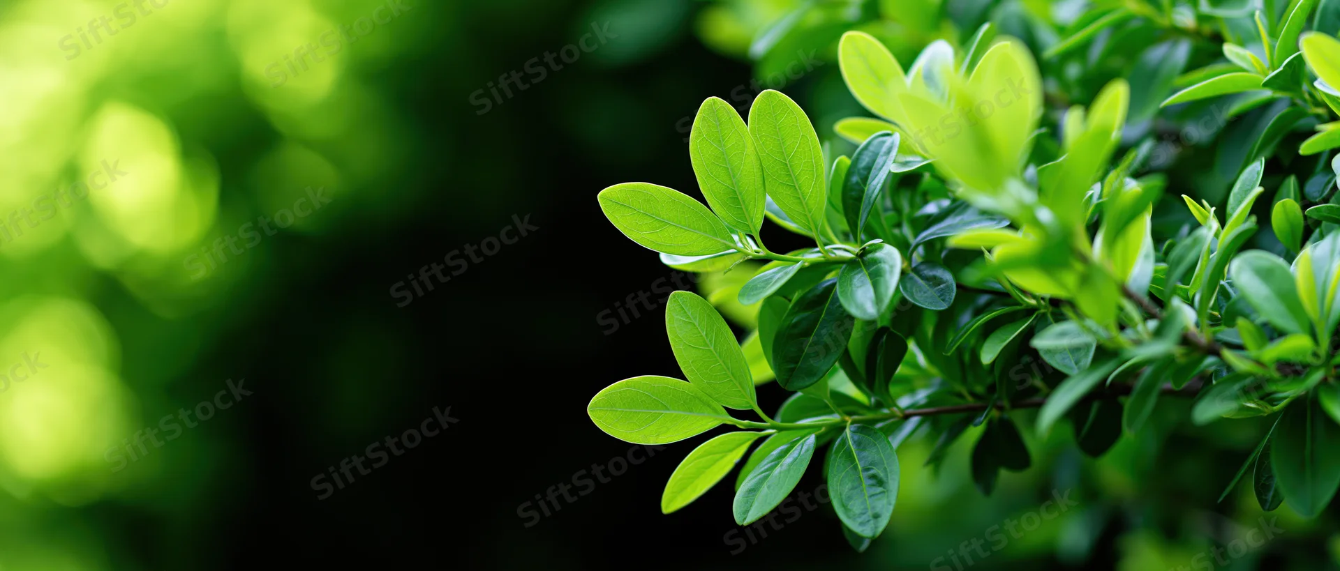 Green leafy branch extending from the right edge against a blurred natural backdrop