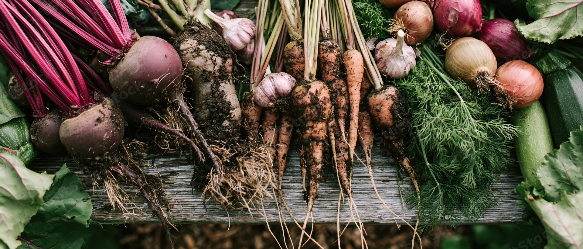 Freshly harvested root vegetables and herbs arranged on a weathered wooden bench