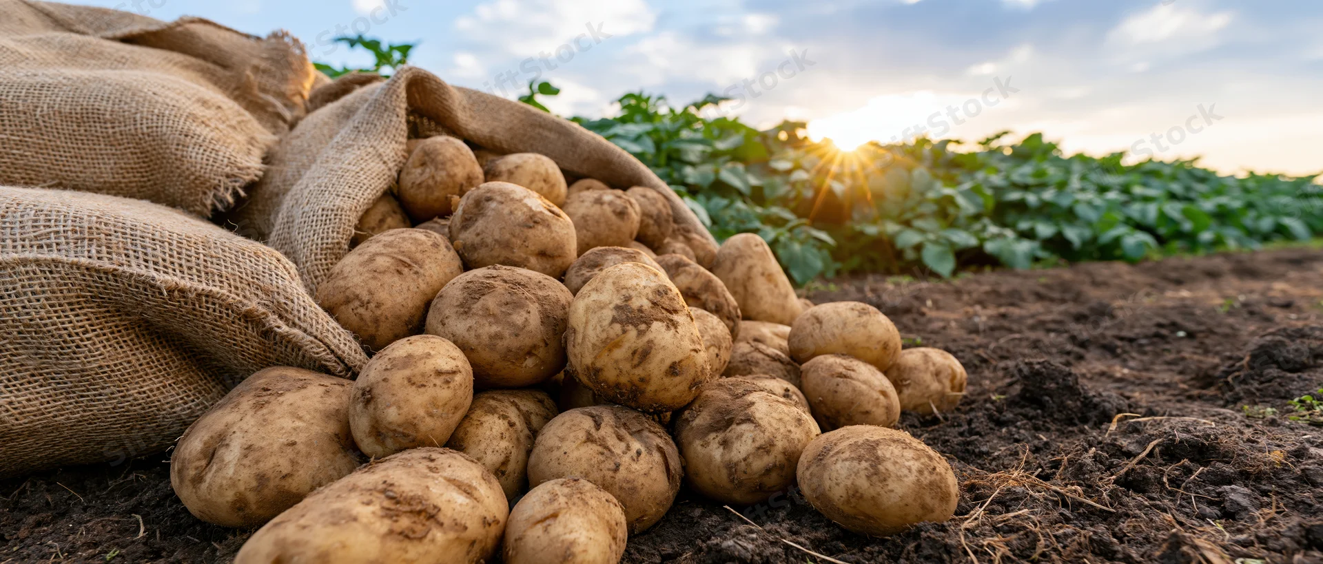 Freshly harvested potatoes spilling from burlap sacks on dark soil in a field at sunset