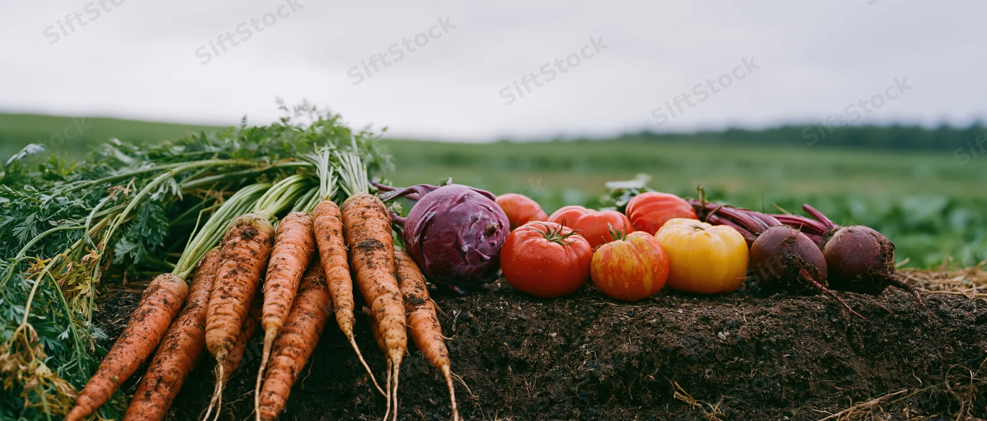 Freshly harvested carrots and vegetables arranged on soil in a field