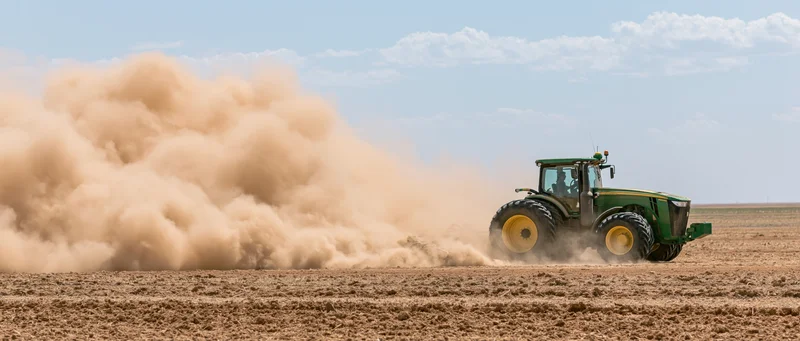 Green john deere tractor pulling disc cultivator across dry field kicking up dust