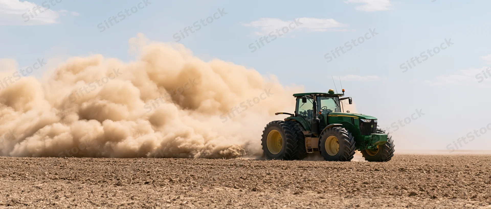 Green john deere tractor pulling disc cultivator across tilled field kicking up dust