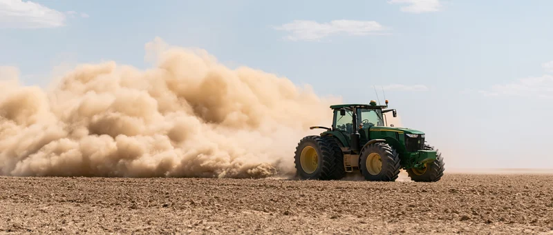 Green john deere tractor pulling disc cultivator across tilled field kicking up dust
