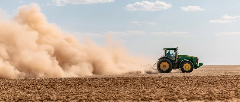 Green tractor pulling disc cultivator across tilled field under blue sky