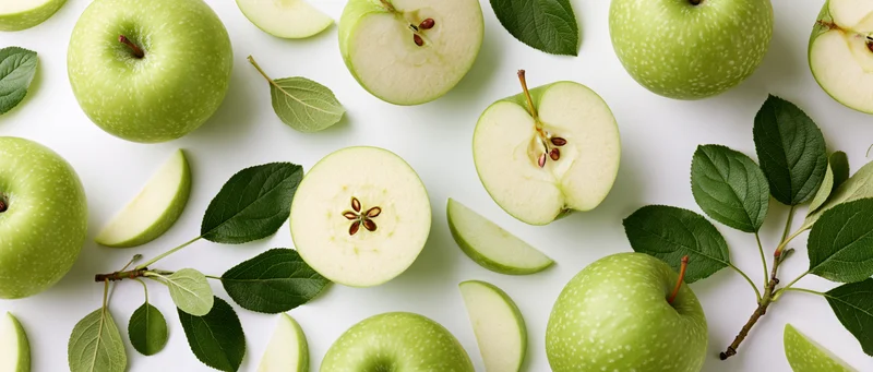 Green apples whole and sliced with leaves arranged in flat lay on white background