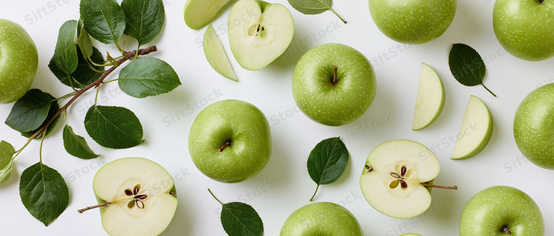 Green apples whole and sliced with leaves arranged in flat lay on white background