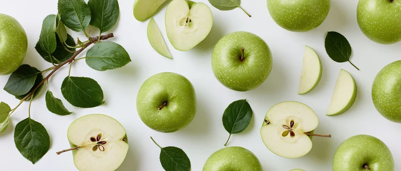 Green apples whole and sliced with leaves arranged in flat lay on white background