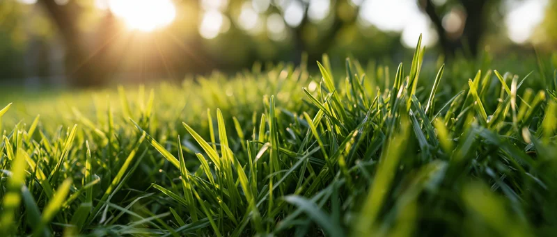 Closeup of fresh green grass blades in sunlight with blurred trees in background