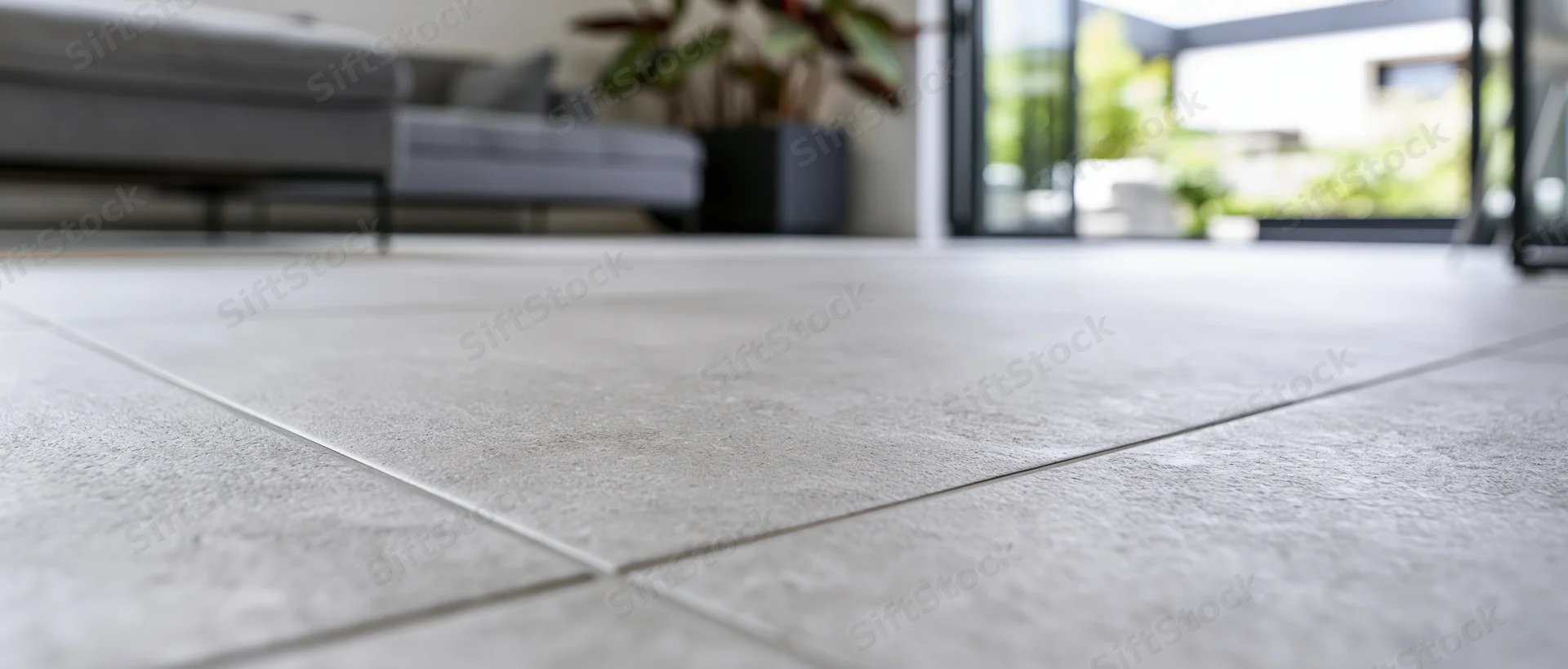 Close-up of gray stone-look floor tiles in a modern living room with blurred furniture and glass door in background