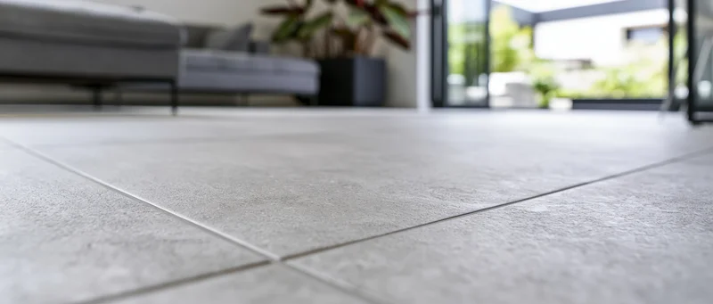 Close-up of gray stone-look floor tiles in a modern living room with blurred furniture and glass door in background