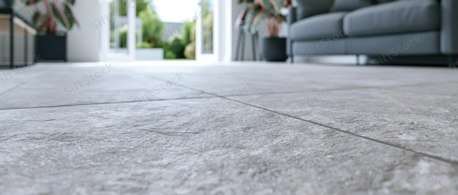 Low-angle view of gray stone-look floor tiles in a modern living room with sofa and plants visible in the background
