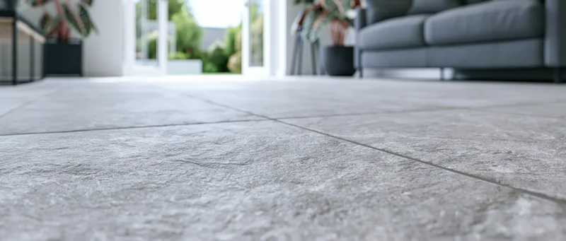 Low-angle view of gray stone-look floor tiles in a modern living room with sofa and plants visible in the background