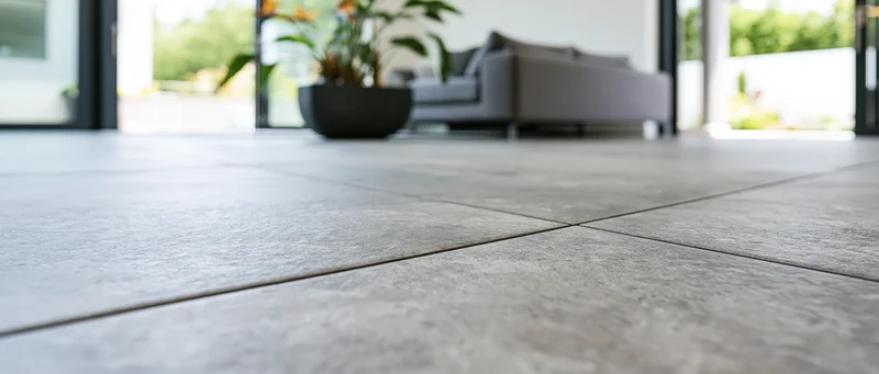 Close-up of gray stone-look floor tiles in a modern living room with sofa and plant in background