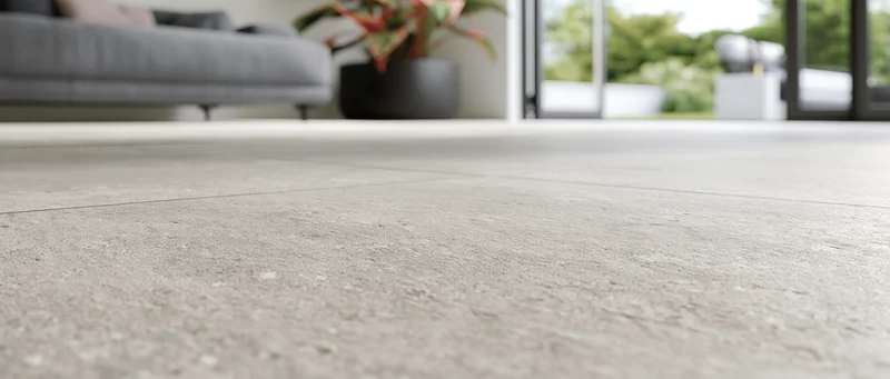 Low-angle view of gray stone-look floor tiles in a modern living room with sofa and window in background