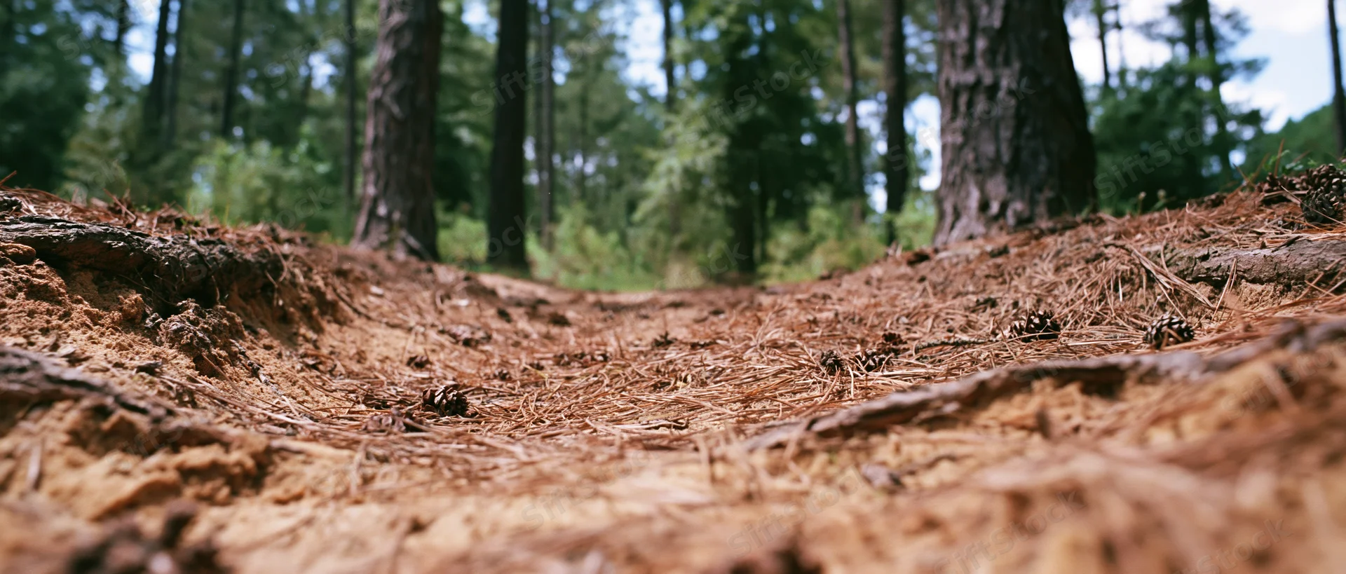 Ground-level view of a pine forest floor covered in dry needles and pinecones with trees in the background