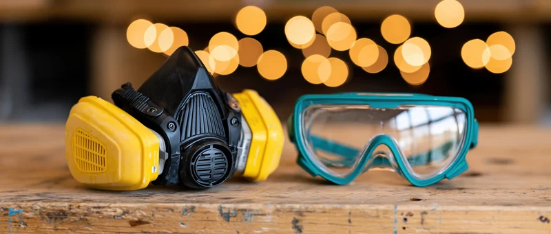Half-face respirator with yellow filter cartridges and teal safety goggles resting on a wooden workbench