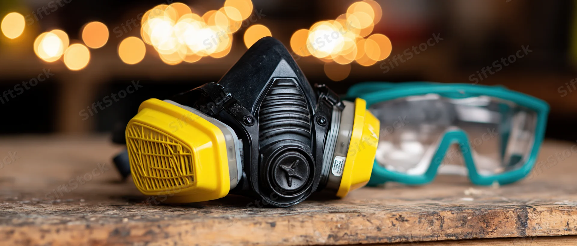 Half-face respirator with yellow filter cartridges and teal safety goggles resting on a wooden workbench