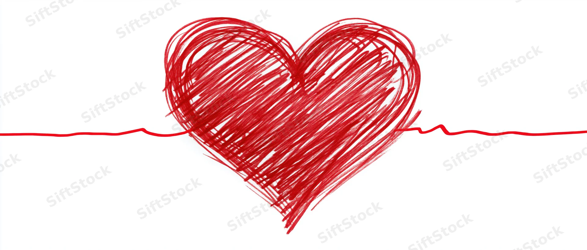 Hand-drawn red heart sketch with heartbeat line on white background
