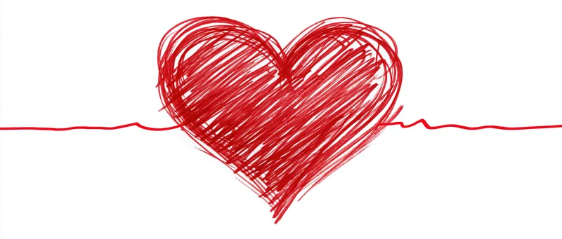 Hand-drawn red heart sketch with heartbeat line on white background