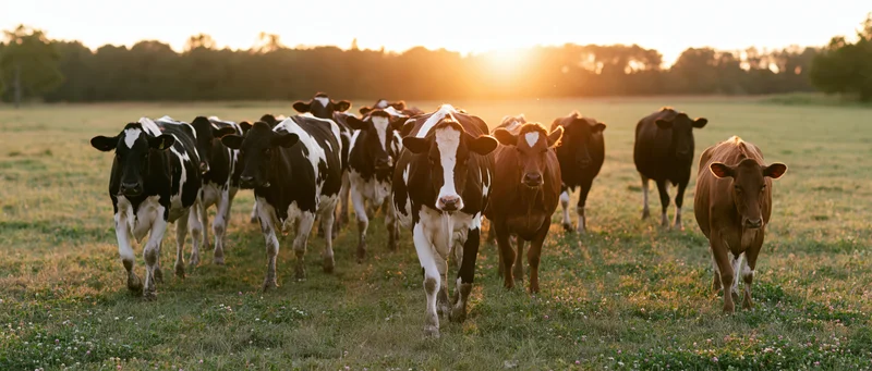 Herd of black-and-white Holstein and brown dairy cows walking across a grassy pasture at sunset