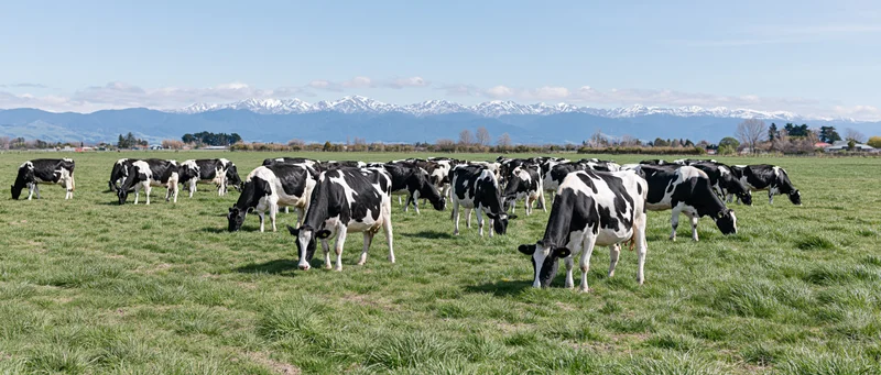 Herd of black-and-white holstein dairy cows grazing in a green pasture with snow-capped mountains in the background