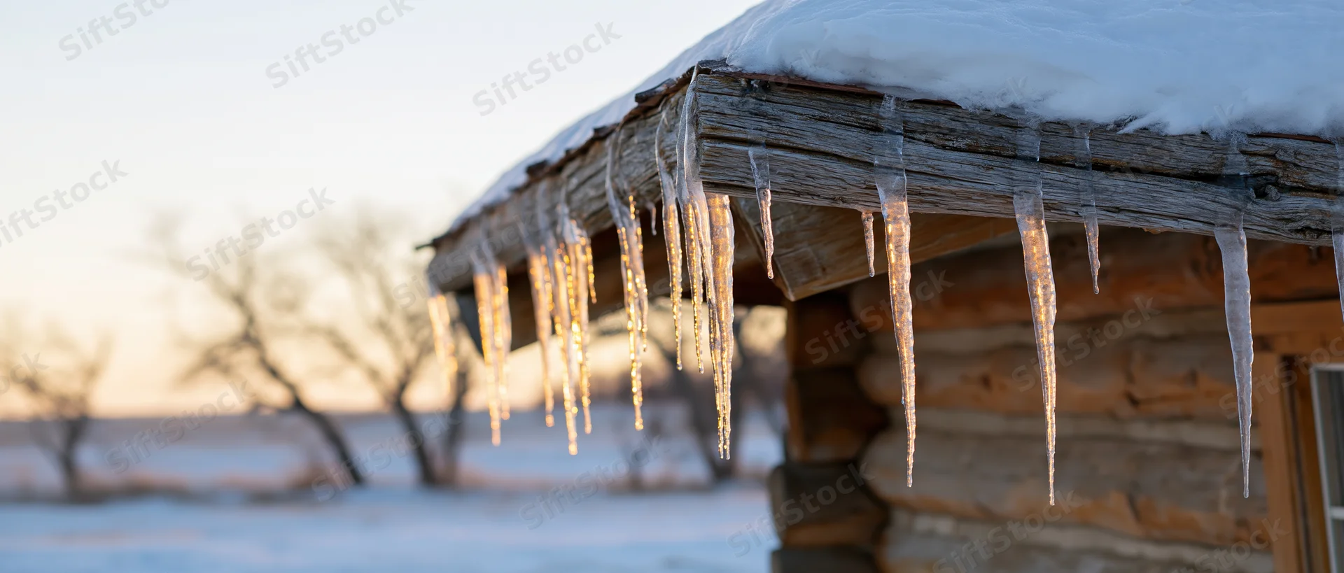 Icicles hanging from the eave of a rustic log cabin in a snowy rural landscape at sunrise