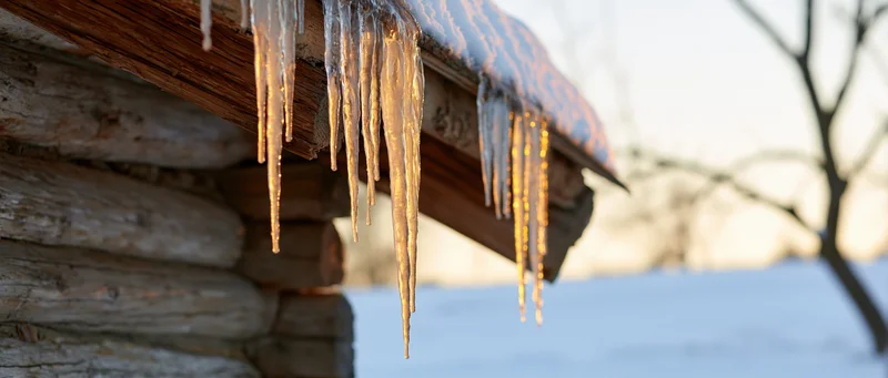 Icicles hanging from the eave of a rustic log cabin in a snowy landscape