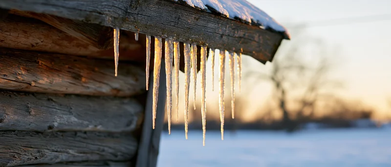 Icicles hanging from the eave of a rustic log cabin in winter sunlight