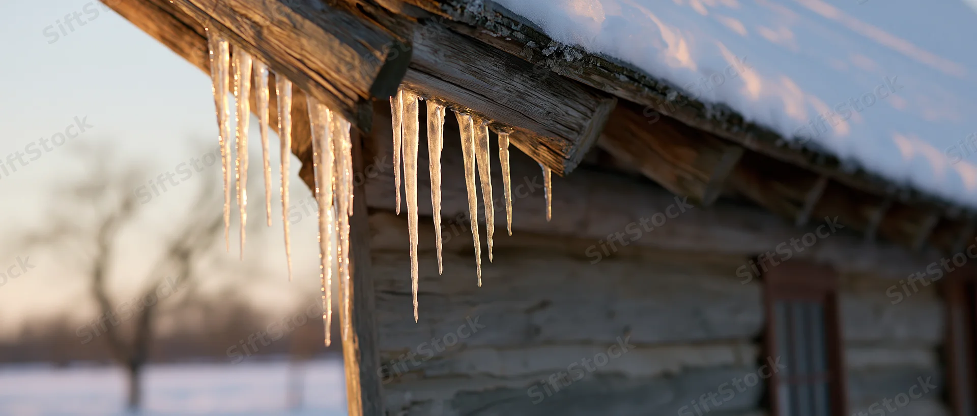 Icicles hanging from the eave of a rustic log cabin in a snowy rural landscape at twilight