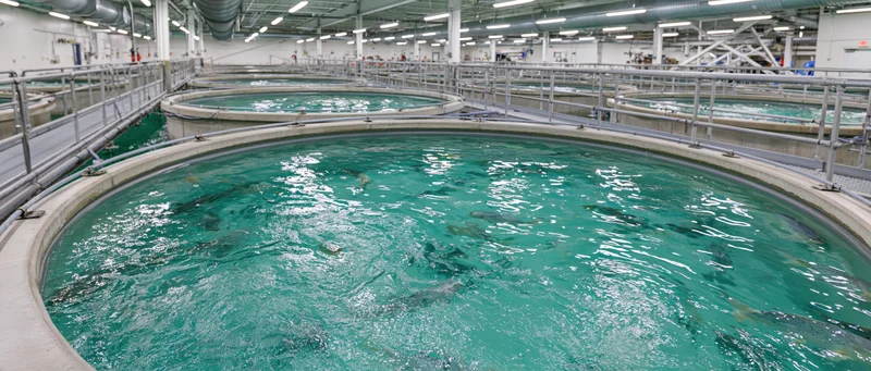 Large circular tanks filled with fish in an indoor aquaculture facility