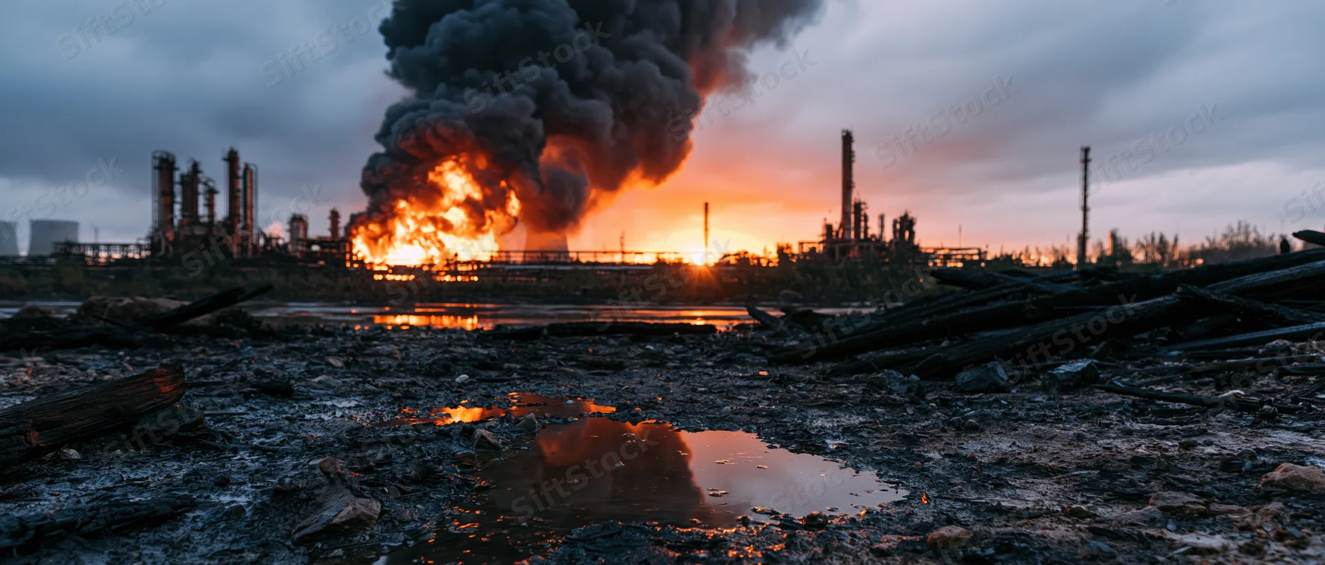 Oil refinery engulfed in flames with thick black smoke rising at sunset over polluted ground
