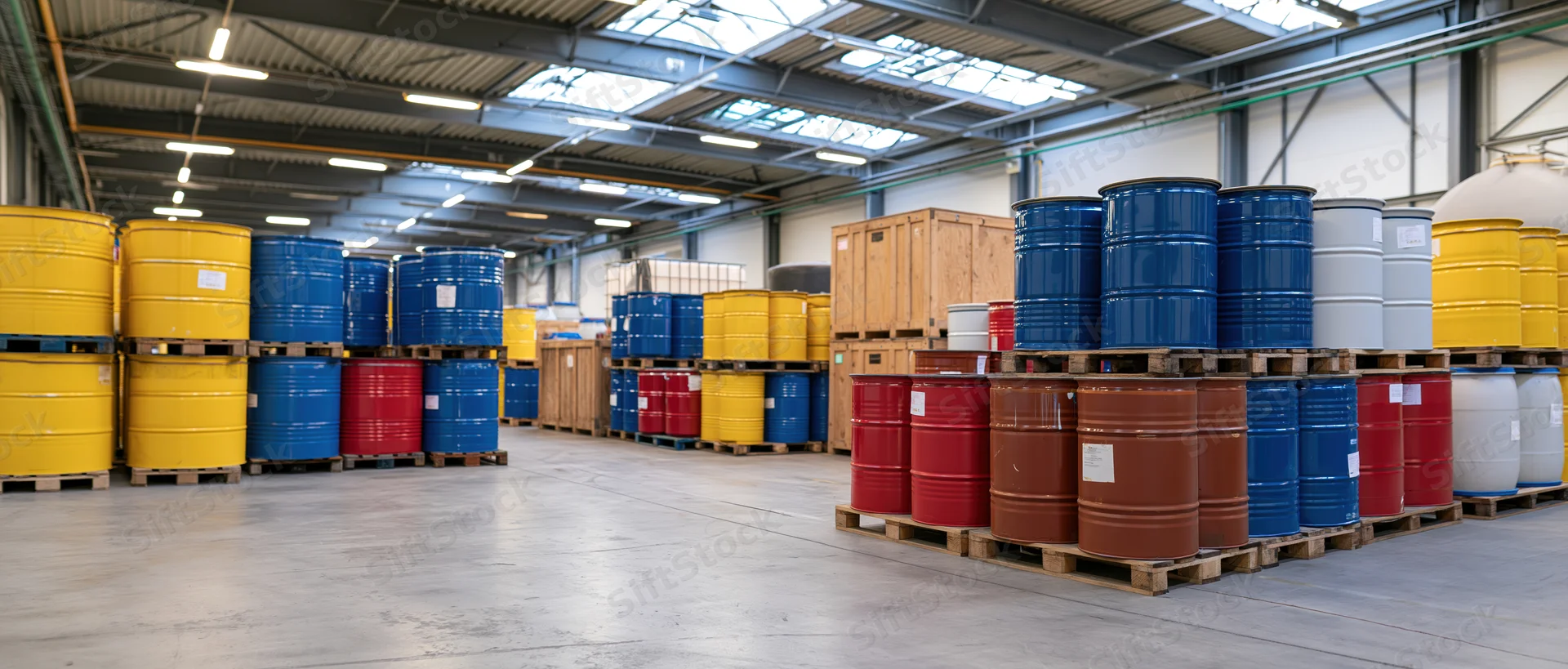 Rows of stacked metal barrels on pallets inside an industrial warehouse