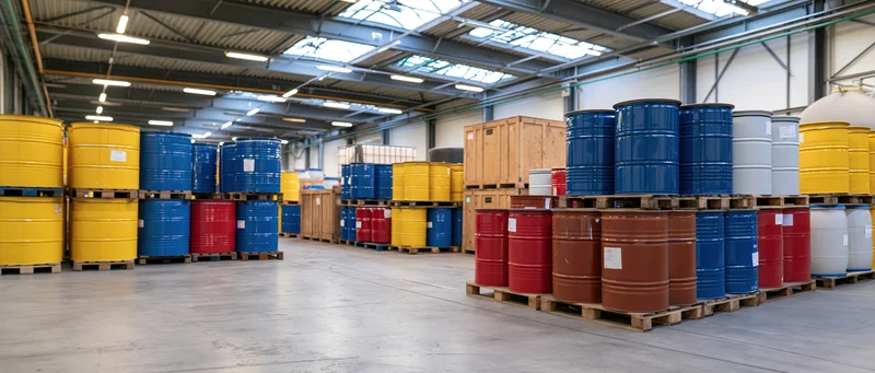 Rows of stacked metal barrels on pallets inside an industrial warehouse