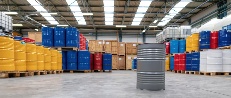 Rows of stacked metal barrels on pallets inside a large industrial warehouse with skylights and concrete floor