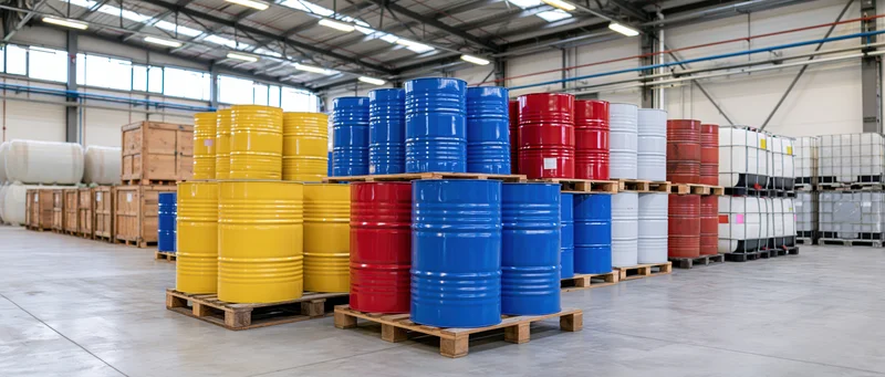 Rows of stacked metal barrels in an industrial warehouse interior on wooden pallets