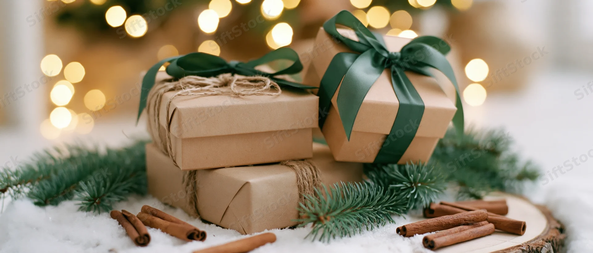 Stacked kraft paper gift boxes with green ribbons and pine branches on snowy surface surrounded by cinnamon sticks and blurred holiday lights