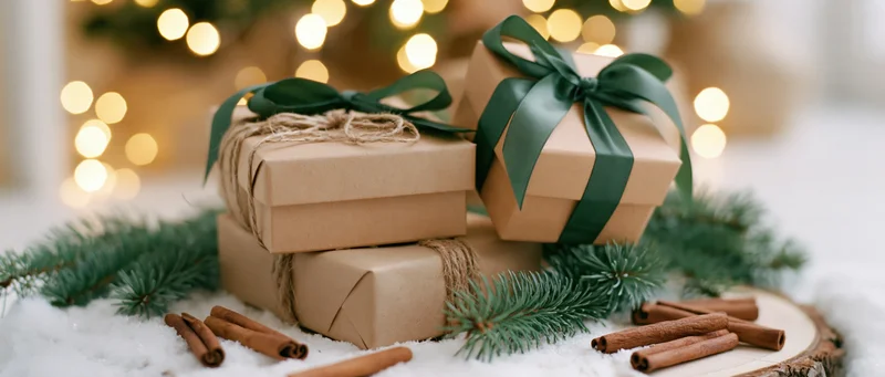 Stacked kraft paper gift boxes with green ribbons and pine branches on snowy surface surrounded by cinnamon sticks and blurred holiday lights