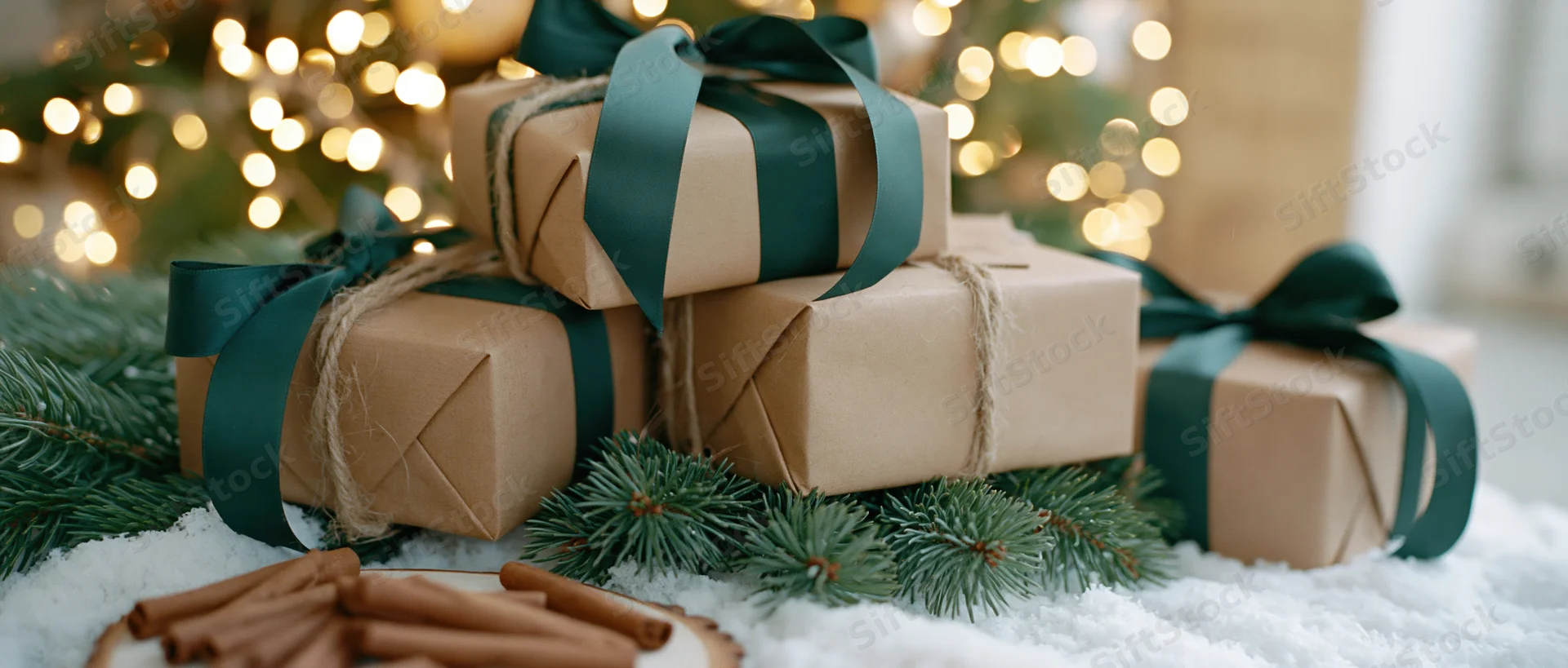 Stacked kraft paper gift boxes tied with dark green ribbon on snow with pine branches and cinnamon sticks near blurred holiday lights