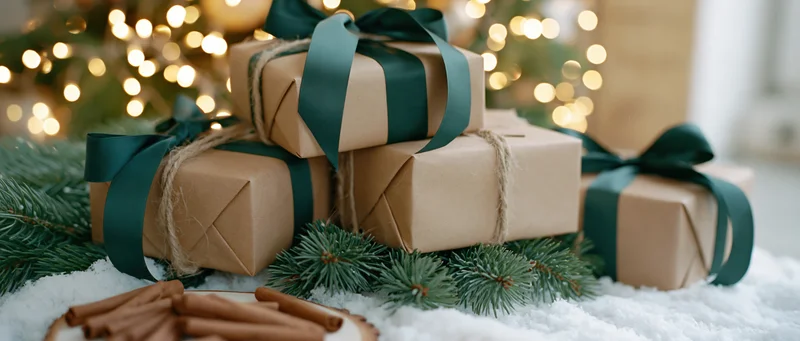 Stacked kraft paper gift boxes tied with dark green ribbon on snow with pine branches and cinnamon sticks near blurred holiday lights