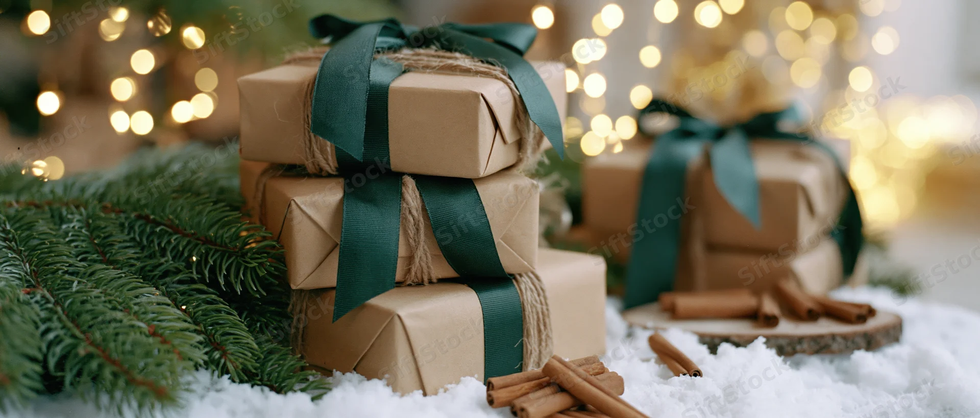 Stacked kraft paper gift boxes tied with dark green ribbon on snowy surface with pine branches and cinnamon sticks, festive lights blurred in background