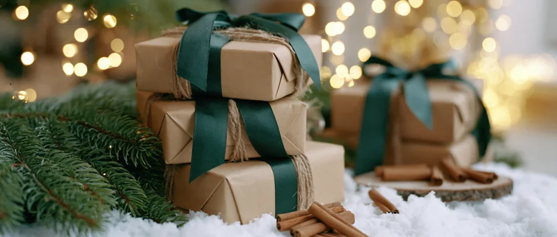 Stacked kraft paper gift boxes tied with dark green ribbon on snowy surface with pine branches and cinnamon sticks, festive lights blurred in background