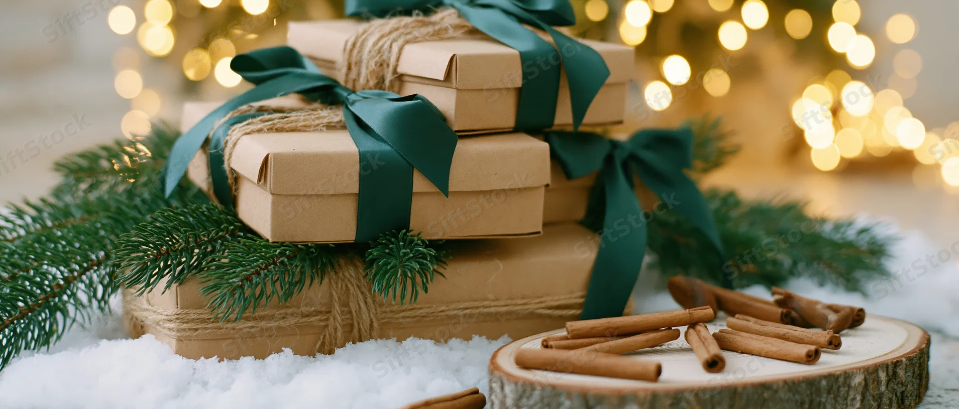 Stacked kraft paper gift boxes tied with dark green ribbon and twine, surrounded by pine branches, cinnamon sticks on a wood slice, and snow, with warm bokeh lights in the background