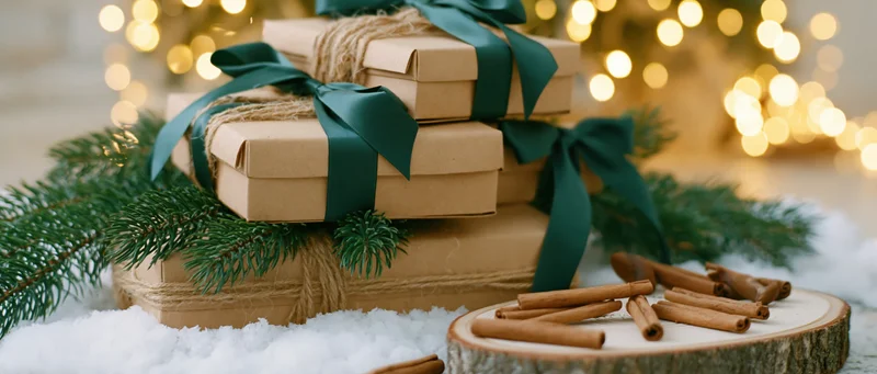 Stacked kraft paper gift boxes tied with dark green ribbon and twine, surrounded by pine branches, cinnamon sticks on a wood slice, and snow, with warm bokeh lights in the background