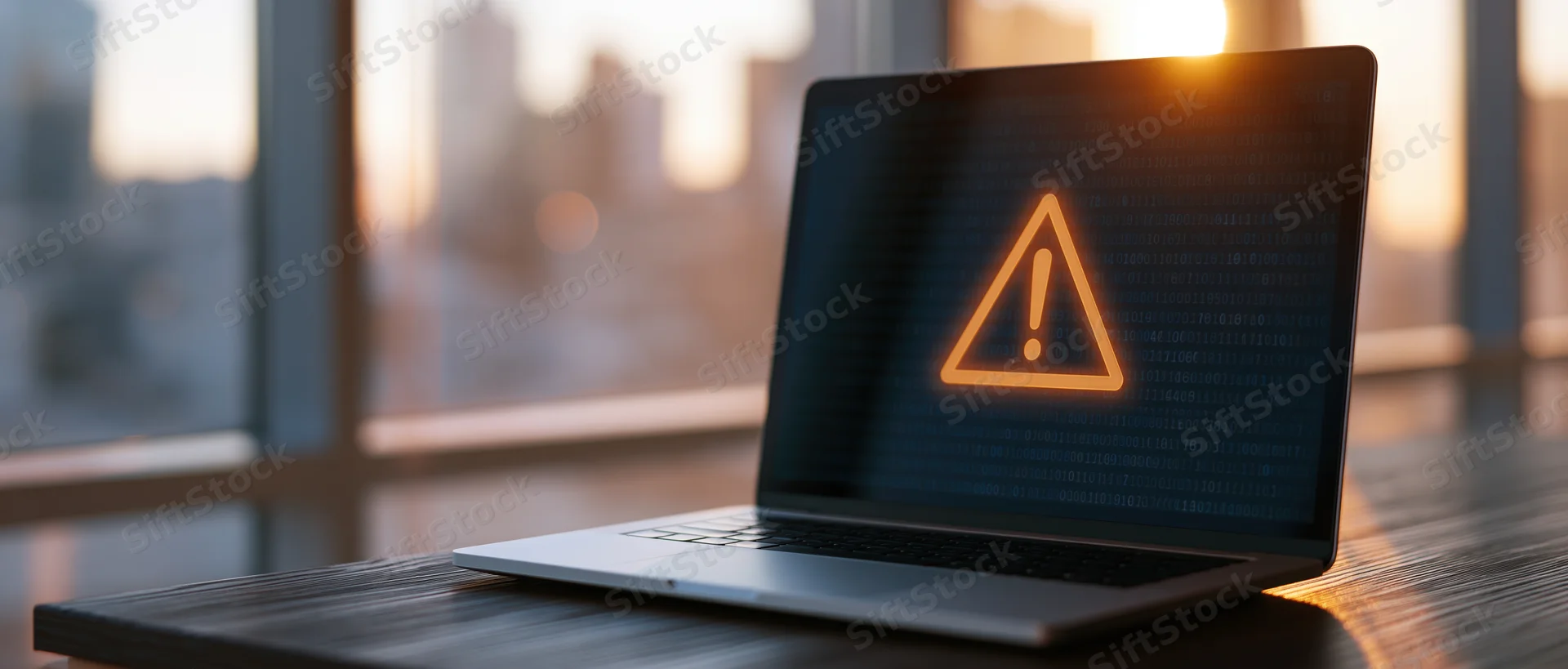 Laptop displaying glowing orange warning symbol on screen with binary code, on wooden desk near window overlooking city at sunset