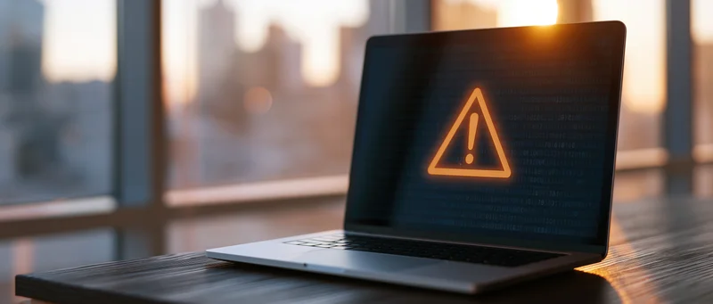 Laptop displaying glowing orange warning symbol on screen with binary code, on wooden desk near window overlooking city at sunset