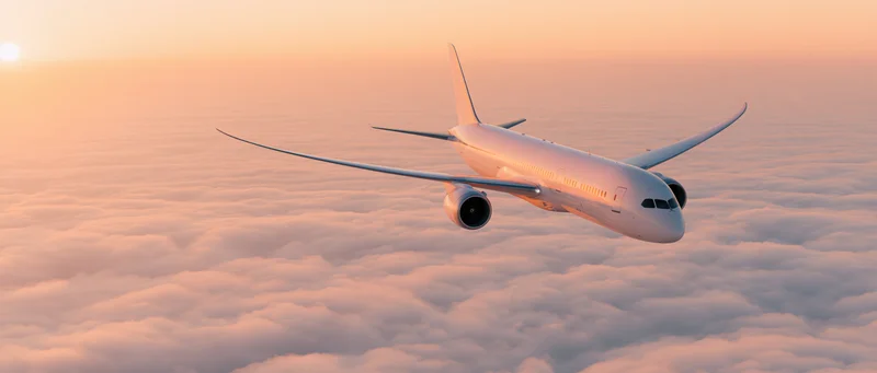 Commercial passenger jet cruising above a thick blanket of clouds at sunset